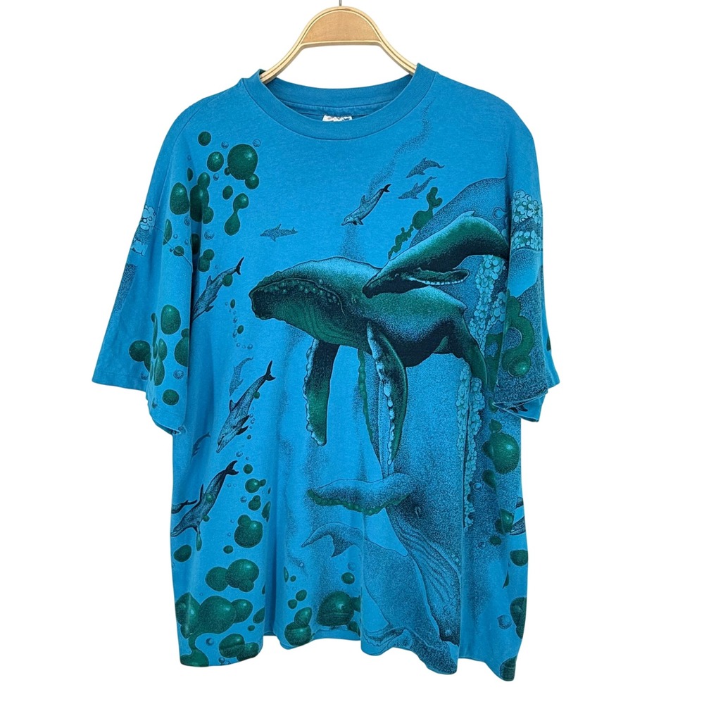 Hanes Beefy-T Graphic T-Shirt Mens XL Blue Excellent Vintage Whale Dolphin AOP